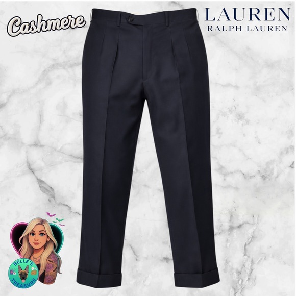 Ralph Lauren LRL Mens 36x29 Navy Blue 100s & Cashmere Pleated Cuffed Dress Pants